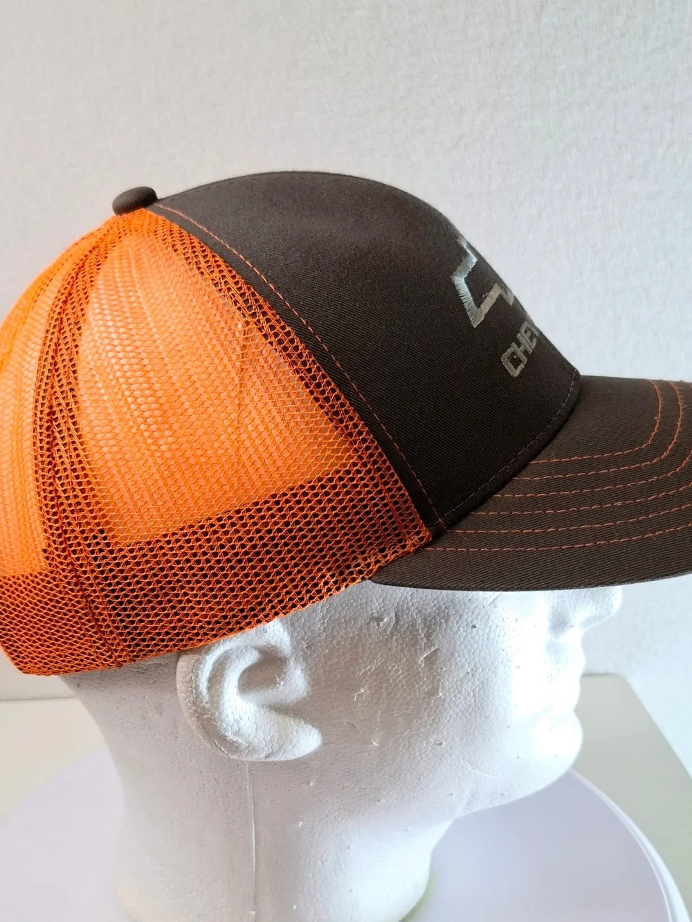 Chevrolet Men’s Brown and Orange Mesh Trucker Hat with Embroidered Logo
